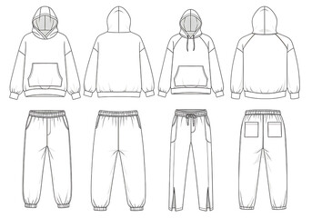 Technical drawing of modern casual sweat suit apparel design