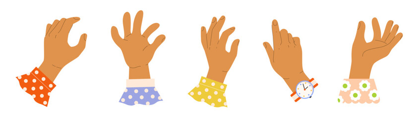 Various gestures of female hands with bright polka dot cuffs, flower, which hold an object upward. Vector template for creative stylish design in field of cooking, gardening, fashion.
