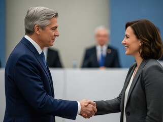A politician and another person shake hands symbolizing unity and respect in governance under balanced and bright light