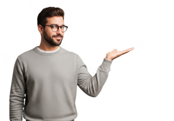 Man gesturing with open palm offering a product or idea with a confident expression transparent background