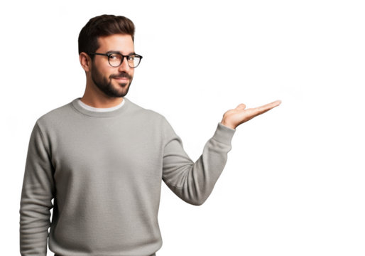 Man gesturing with open palm offering a product or idea with a confident expression transparent background