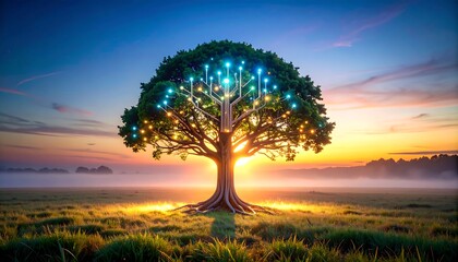 Glowing Tree with Circuit Board Branches at Sunrise in Field