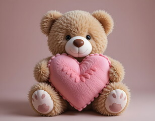 Obraz premium Fluffy teddy bear holding a pink heart-shaped pillow.