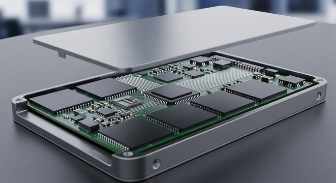 Internal View of Solid State Drive (SSD) with Microchips and Circuit Board | Technology, Data Storage, Hardware and Computer Engineering Concept - Powered by Adobe