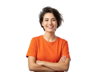Smiling woman with short brown hair wearing an orange tshirt isolated on white isolated on transparent background