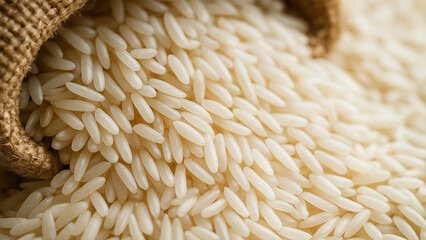Fresh rice grains spill from burlap sack showcasing export process of this staple food
