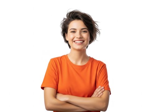 Smiling woman with short brown hair wearing an orange tshirt isolated on white isolated on transparent background