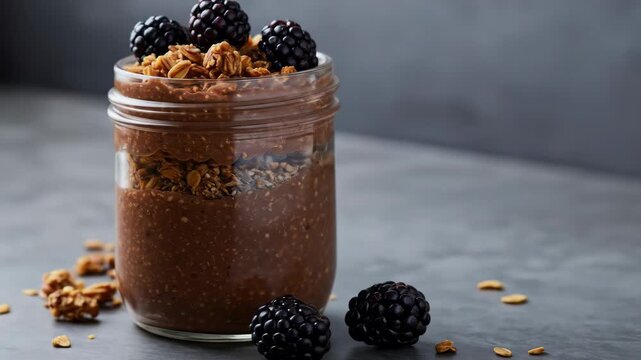 Chocolate Chia Pudding Parfait with Granola and Blackberries - A delicious and healthy chocolate chia pudding parfait layered with granola and topped with fresh blackberries.