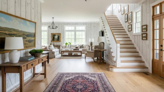 A spacious and elegant farmhousestyle entryway with a grand staircase, comfortable seating area, and rustic wooden console table