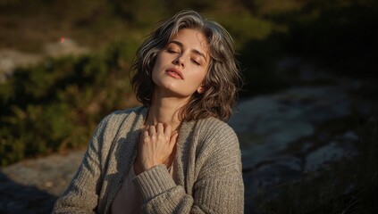 Fototapeta premium Thoughtful woman outdoors with closed eyes, expressing calmness and introspection, wearing a cozy sweater