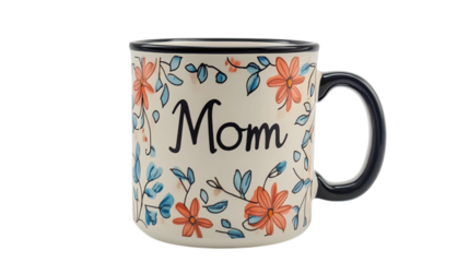 • A personalized "Mom" mug with a custom design, isolated on white background in HD 