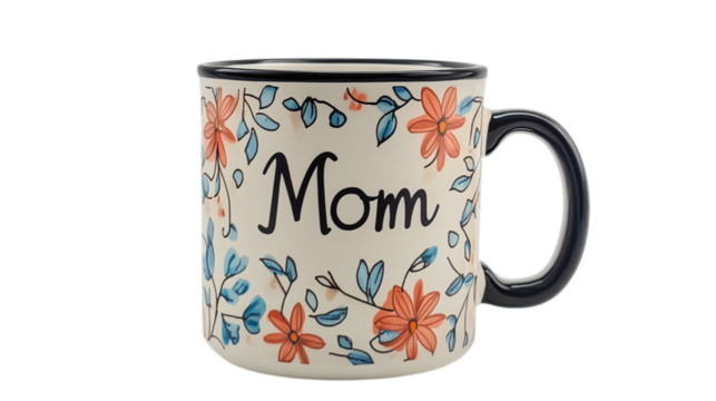 • A personalized "Mom" mug with a custom design, isolated on white background in HD 