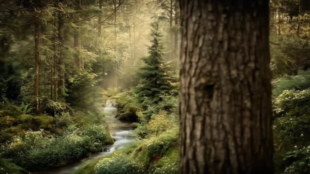 Sunlit forest view with stream, tall trees, mossy banks, lush green foliage