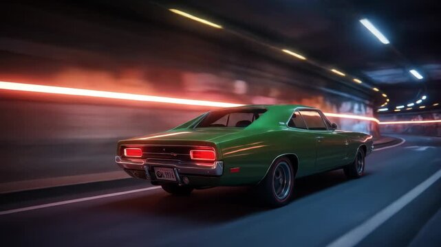 Green Muscle Car Speeding Through Urban Tunnel - A vibrant green classic muscle car speeds through a dimly lit urban tunnel, with blurred lights creating a sense of motion.