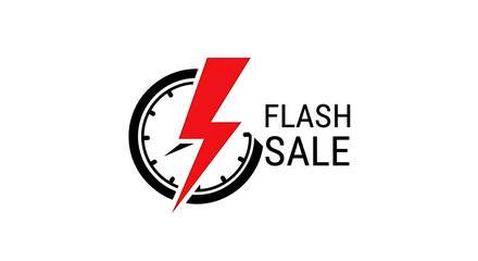 Flash sale promotion graphic with a clock and red lightning bolt on a white background design element ai generated