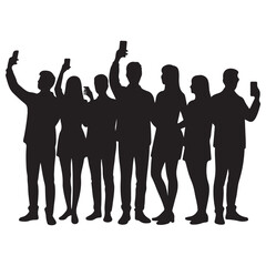 Group of people taking selfies with smartphones black silhouette on white background mobile phone