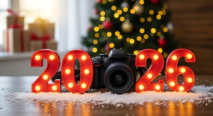 Red marquee numbers camera christmas tree gifts 2026 lights
