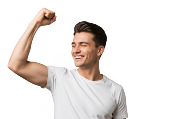 Man in white t-shirt flexing bicep celebrating success and achievement transparent background