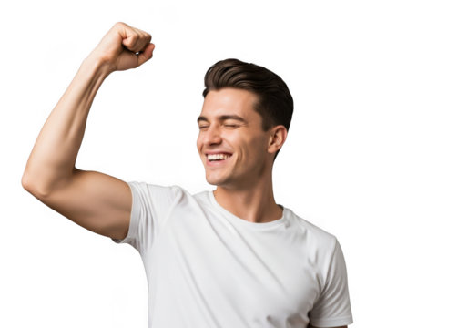 Man in white t-shirt flexing bicep celebrating success and achievement transparent background