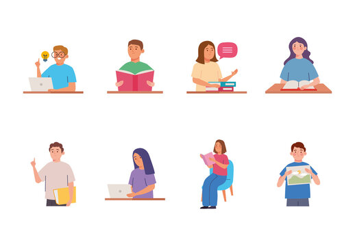 Colorful Education Students Illustrations Set
