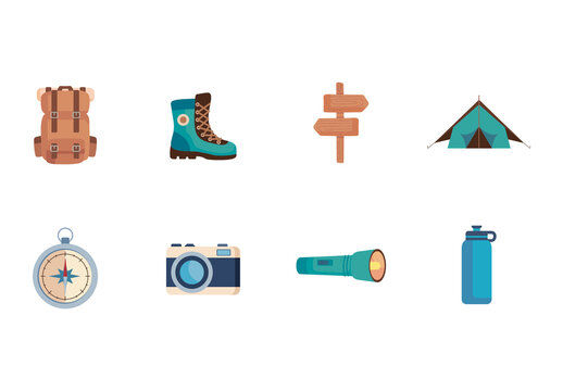 Colorful Camping Gear Hiking Adventure Equipment Illustrations Set