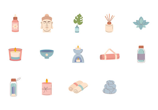 Pink And Blue Mindfulness Spa Yoga Meditation Relax Icons Set