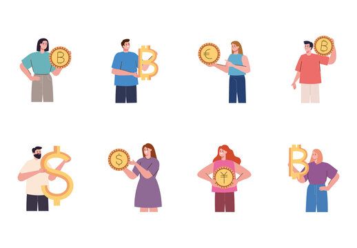 Colorful Cryptocurrency People Trader Illustrations Set