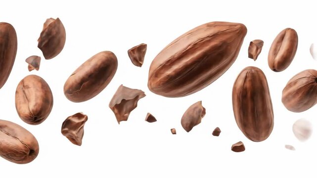 Floating Cocoa Beans - Several cocoa beans and fragments levitate against a white background. This video is ideal for projects related to chocolate, confectionery, or food and beverage industries.