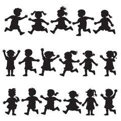 Diverse group of children silhouettes running and playing together on white background kids
