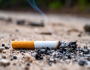 A discarded cigarette on sandy ground