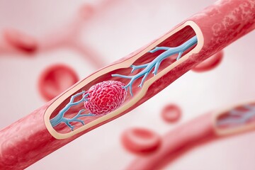 Blood clot blocking vein with red blood cells forming thrombus