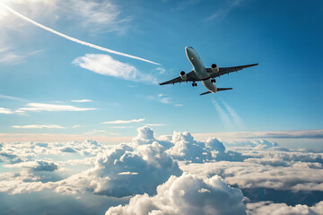 Obraz premium Commercial airplane flying above blue sky and white clouds.