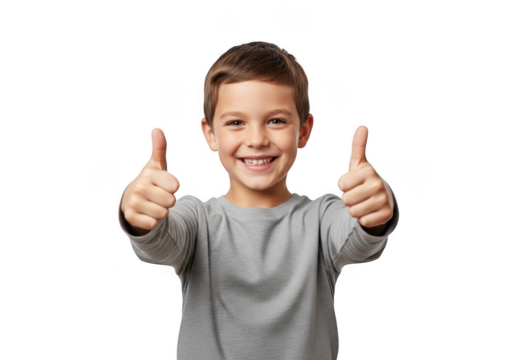 Happy young boy gives thumbs up gesture showing positive emotion and approval transparent background