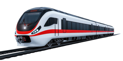 Modern high speed train on tracks isolated on a white transparent background, for public transport use