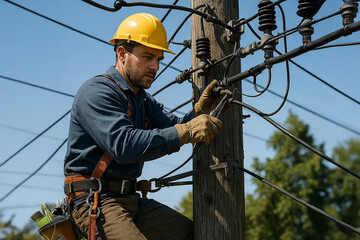 Electrician working on pole with safety gear
 Electrician fixing wires on pole