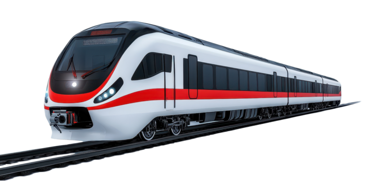 Modern high speed train on tracks isolated on a white transparent background, for public transport use