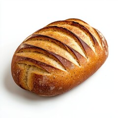 Freshly baked artisanal bread loaf with diagonal sco, golden crust, soft interior, rustic appearance, perfect for breakfast or sandwich, close-up