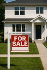 Fototapeta premium Modern suburban house with real estate for sale sign on green lawn in front yard, sunny summer day