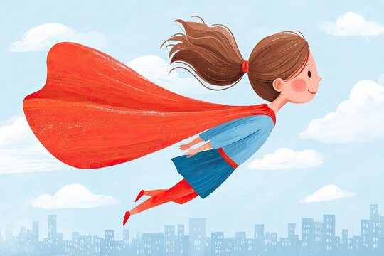 Superhero girl flying over city wearing red cape