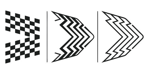 Racing. Speed. Abstract. A modern black and white vector set of three dynamic arrow graphics with checkered and chevron patterns for a car decal, a team logo, or a motorsport brand.