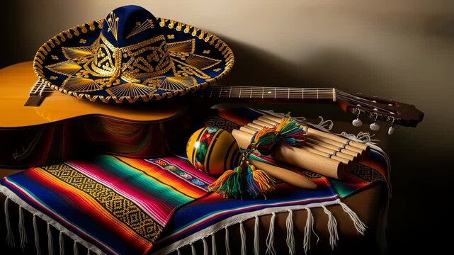 A vibrant still life featuring traditional mexican elements, including a sombrero, guitar, and maracas on a colorful serape hispanic heritage month