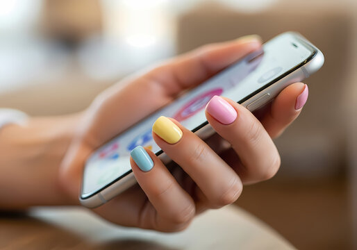 A woman's hand with brightly colored nails holding a smartphone, displaying a colorful screen with icons and graphics.