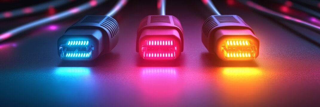 A close-up of three glowing fiber optic cables in blue, pink, and orange, perfect for websites or blogs about technology, telecommunications, and the internet. Style: digital art, 3D render.