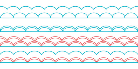 Scalloped. Border. Pattern Brush. A colorful vector set of outline and layered scalloped borders for creating seamless patterns, scrapbooking layouts, or fun digital illustrations.