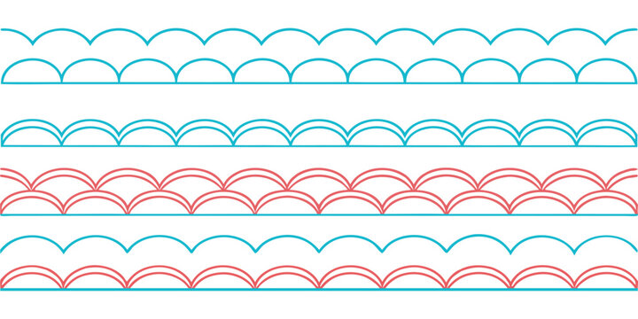 Scalloped. Border. Pattern Brush. A colorful vector set of outline and layered scalloped borders for creating seamless patterns, scrapbooking layouts, or fun digital illustrations.