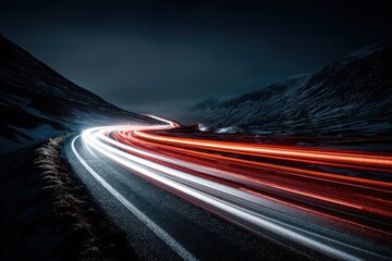 Mountain Road at Night with Car Light Trails, Dark Landscape