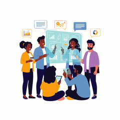 Diverse business team collaborating on a futuristic holographic data display, analyzing market trends and developing innovative strategies for growth.