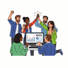 A diverse and enthusiastic team of professionals celebrates a significant business achievement, demonstrating successful collaboration, shared triumph, and collective joy.