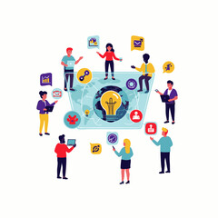 A diverse group of professionals collaborates globally, sharing innovative ideas and leveraging digital technology for business growth and successful project development.