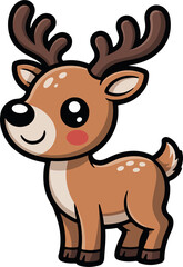 Cute cartoon reindeer with antlers and red cheeks in festive Christmas style on transparent background